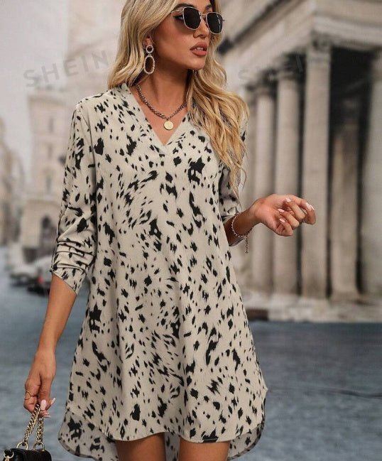 Allover Print Roll Up Sleeve Dress Ladies Casual High Low Long Sleeve V Neck Regular Fit Short Apricot Roll Up Sleeve All Over Print Tunic Women Short Dresses - Lace Drop