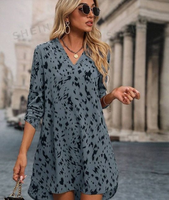 Allover Print Roll Up Sleeve Dress Ladies Casual High Low Long Sleeve V Neck Regular Fit Short Apricot Roll Up Sleeve All Over Print Tunic Women Short Dresses - Lace Drop