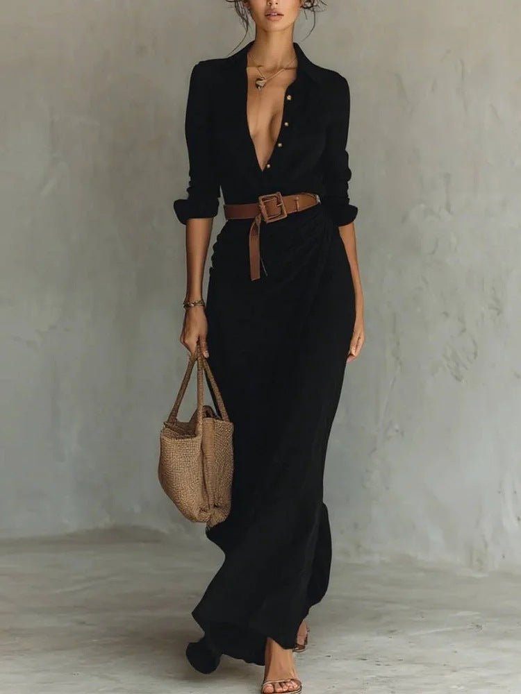 Irregular Long Dress With Belt Fashion And Elegant Button Lapel Long - sleeved Shirt Dresses Daily Office Commuting Clothing For Women - Lace Drop