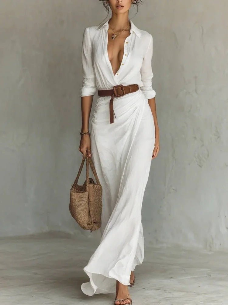 Irregular Long Dress With Belt Fashion And Elegant Button Lapel Long - sleeved Shirt Dresses Daily Office Commuting Clothing For Women - Lace Drop