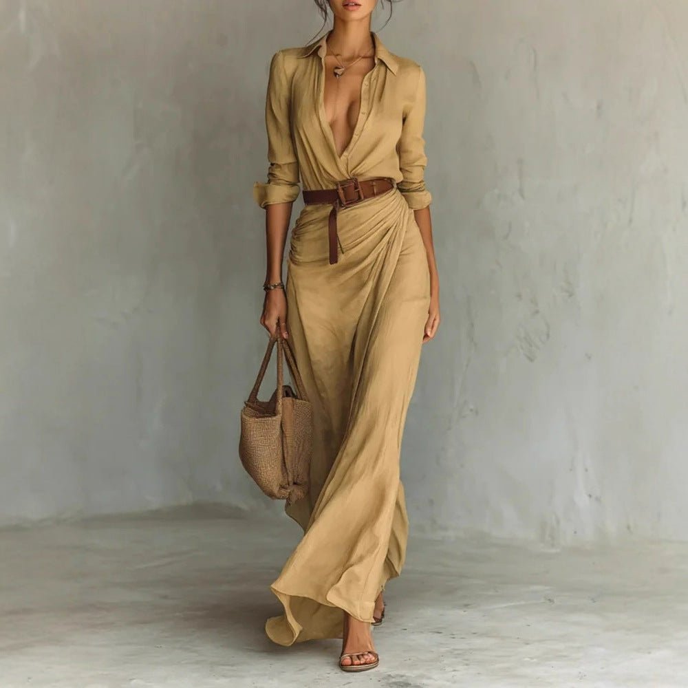 Irregular Long Dress With Belt Fashion And Elegant Button Lapel Long - sleeved Shirt Dresses Daily Office Commuting Clothing For Women - Lace Drop