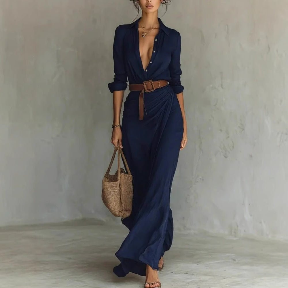 Irregular Long Dress With Belt Fashion And Elegant Button Lapel Long - sleeved Shirt Dresses Daily Office Commuting Clothing For Women - Lace Drop
