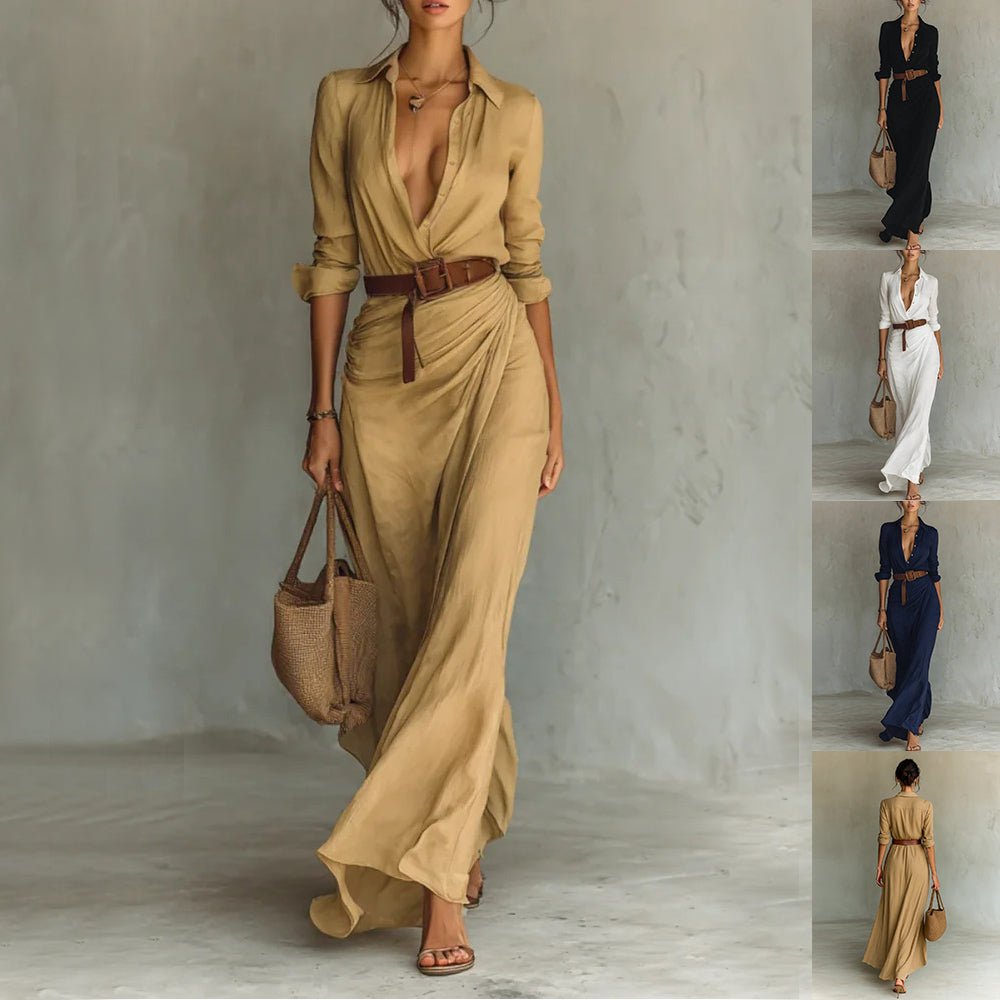 Irregular Long Dress With Belt Fashion And Elegant Button Lapel Long - sleeved Shirt Dresses Daily Office Commuting Clothing For Women - Lace Drop