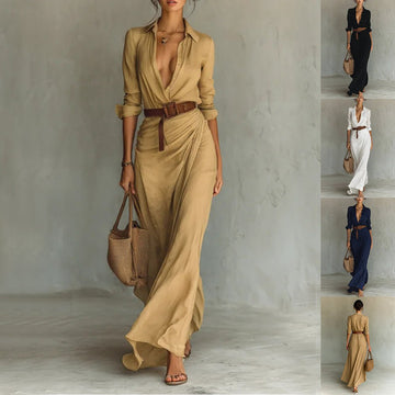 Irregular Long Dress With Belt Fashion And Elegant Button Lapel Long - sleeved Shirt Dresses Daily Office Commuting Clothing For Women - Lace Drop