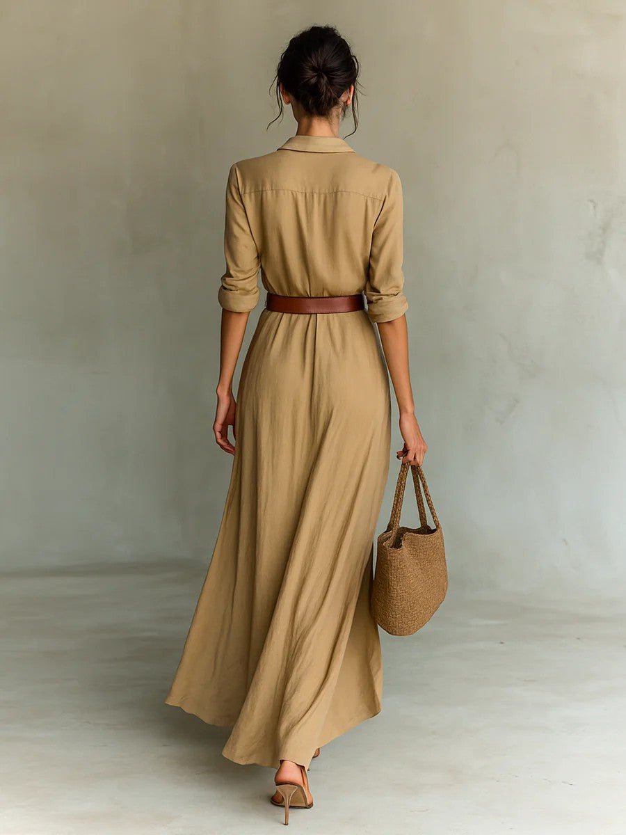 Irregular Long Dress With Belt Fashion And Elegant Button Lapel Long - sleeved Shirt Dresses Daily Office Commuting Clothing For Women - Lace Drop