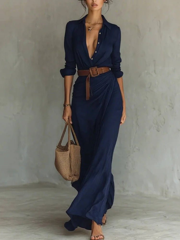 Irregular Long Dress With Belt Fashion And Elegant Button Lapel Long - sleeved Shirt Dresses Daily Office Commuting Clothing For Women - Lace Drop