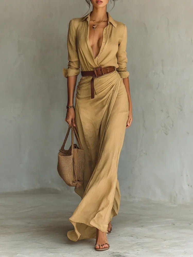 Irregular Long Dress With Belt Fashion And Elegant Button Lapel Long - sleeved Shirt Dresses Daily Office Commuting Clothing For Women - Lace Drop