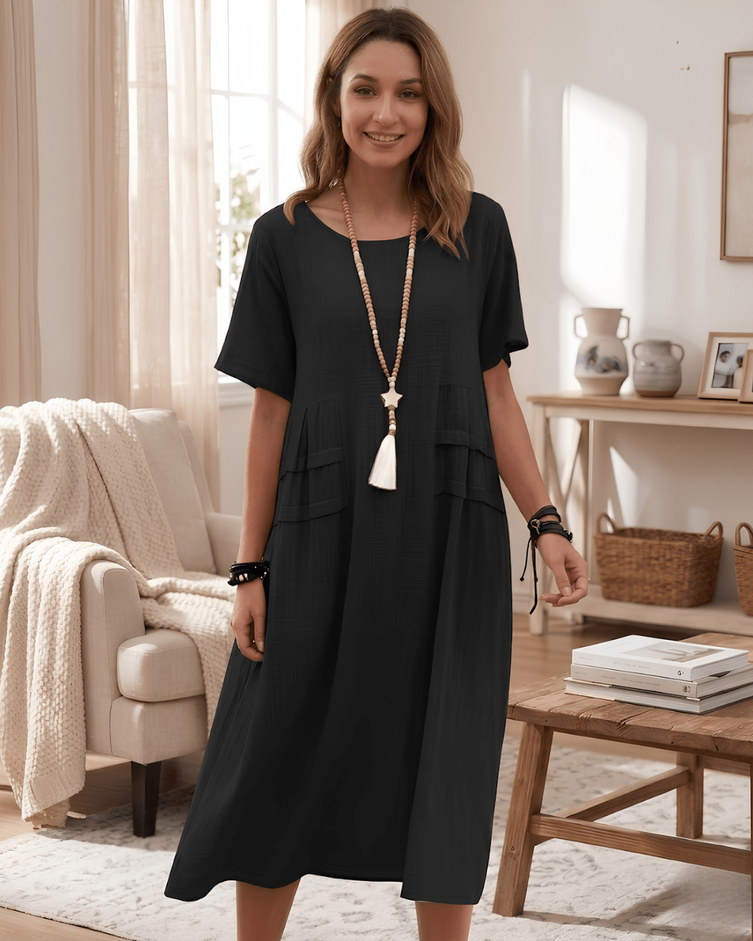 Lace Drop Women's Cotton Linen Midi Dress | Casual Loose Fit Summer Beach Dress - Lace Drop