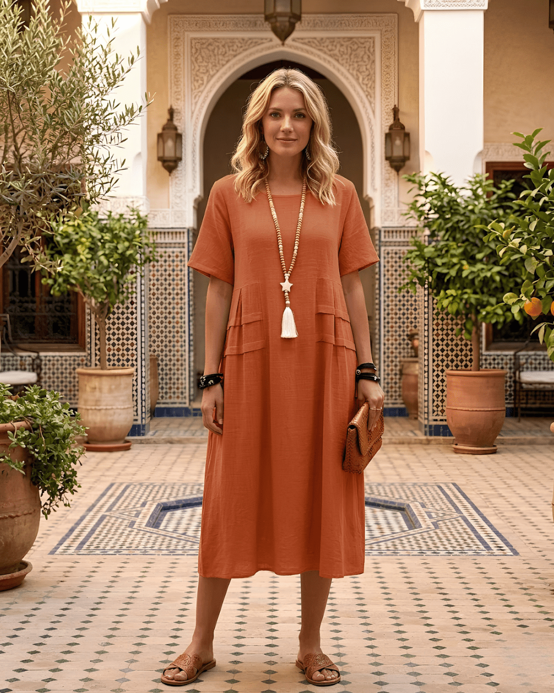 Lace Drop Women's Cotton Linen Midi Dress | Casual Loose Fit Summer Beach Dress - Lace Drop