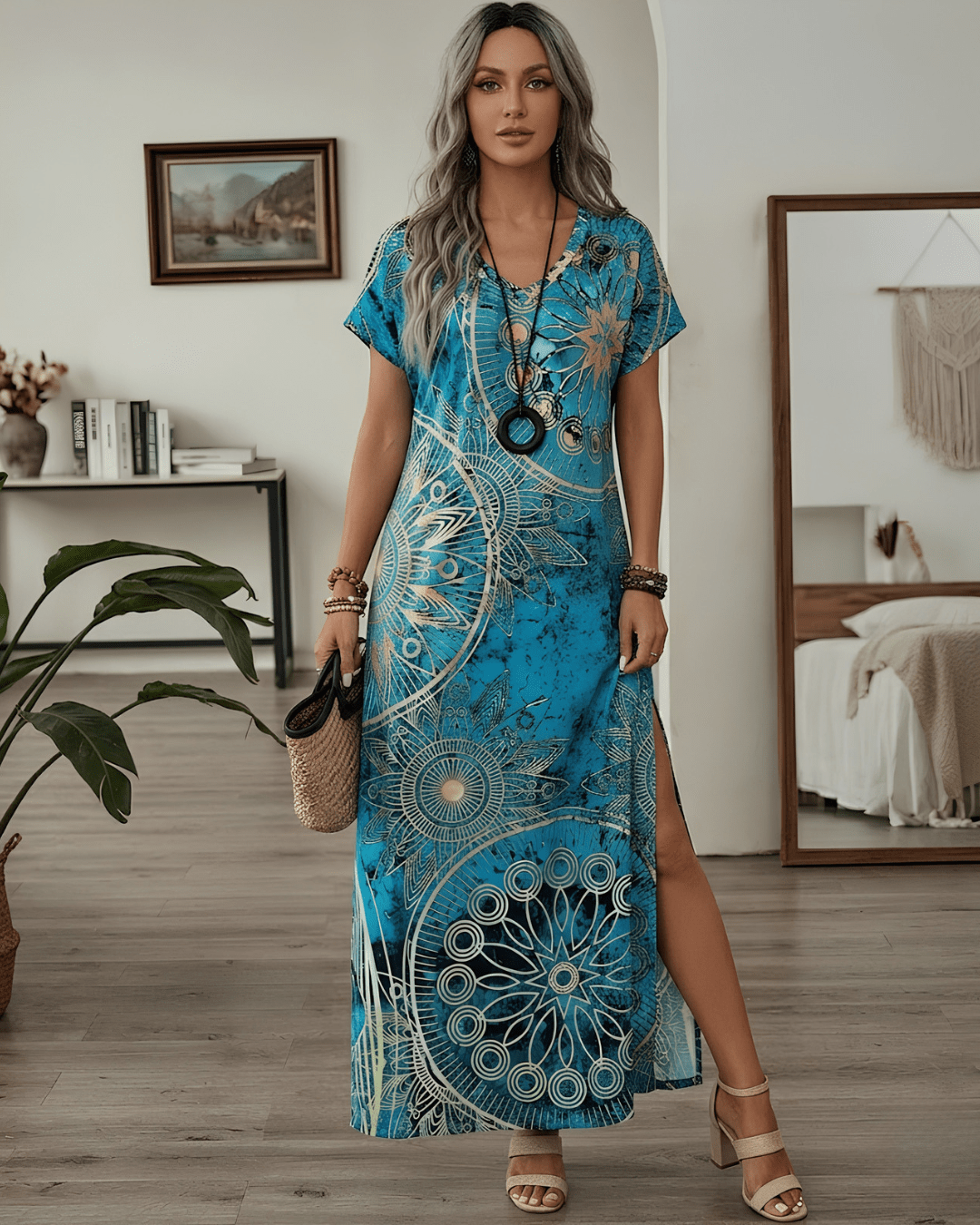 Lace Drop Women's Vintage Floral Print V-Neck Batwing Sleeve Maxi Dress | Casual Summer Long Dress - Lace Drop