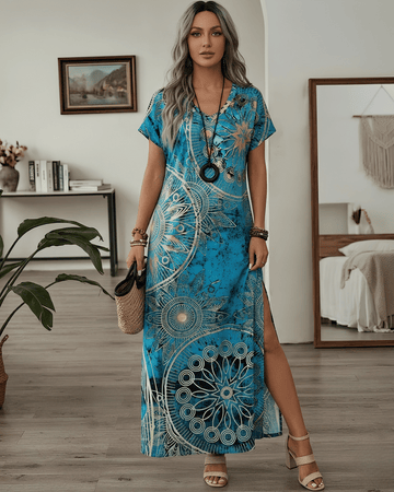 Lace Drop Women's Vintage Floral Print V-Neck Batwing Sleeve Maxi Dress | Casual Summer Long Dress - Lace Drop
