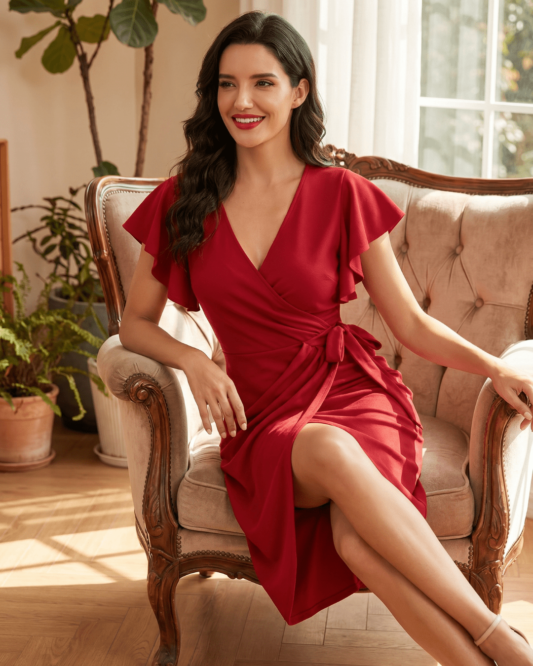 Lace Drop Women's Wrap Style Waist-Cinching Pleated Dress | Elegant Slim Fit Solid Color Dress - Lace Drop