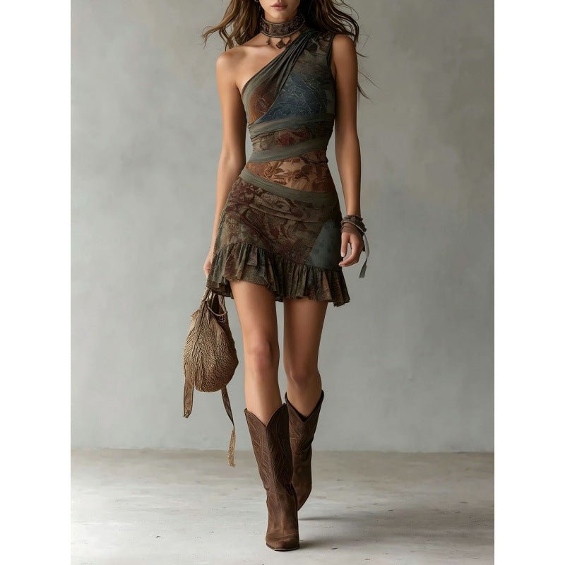 Vintage-Inspired Abstract Patchwork Asymmetrical Dress - Lace Drop