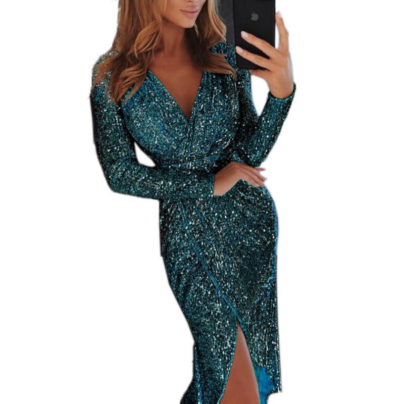 Women Clothes Bodycon Dresses New Ladies Bronzing Long - sleeved - Lace Drop