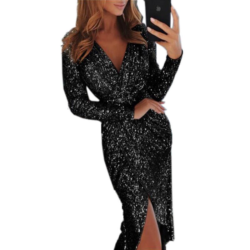 Women Clothes Bodycon Dresses New Ladies Bronzing Long - sleeved - Lace Drop