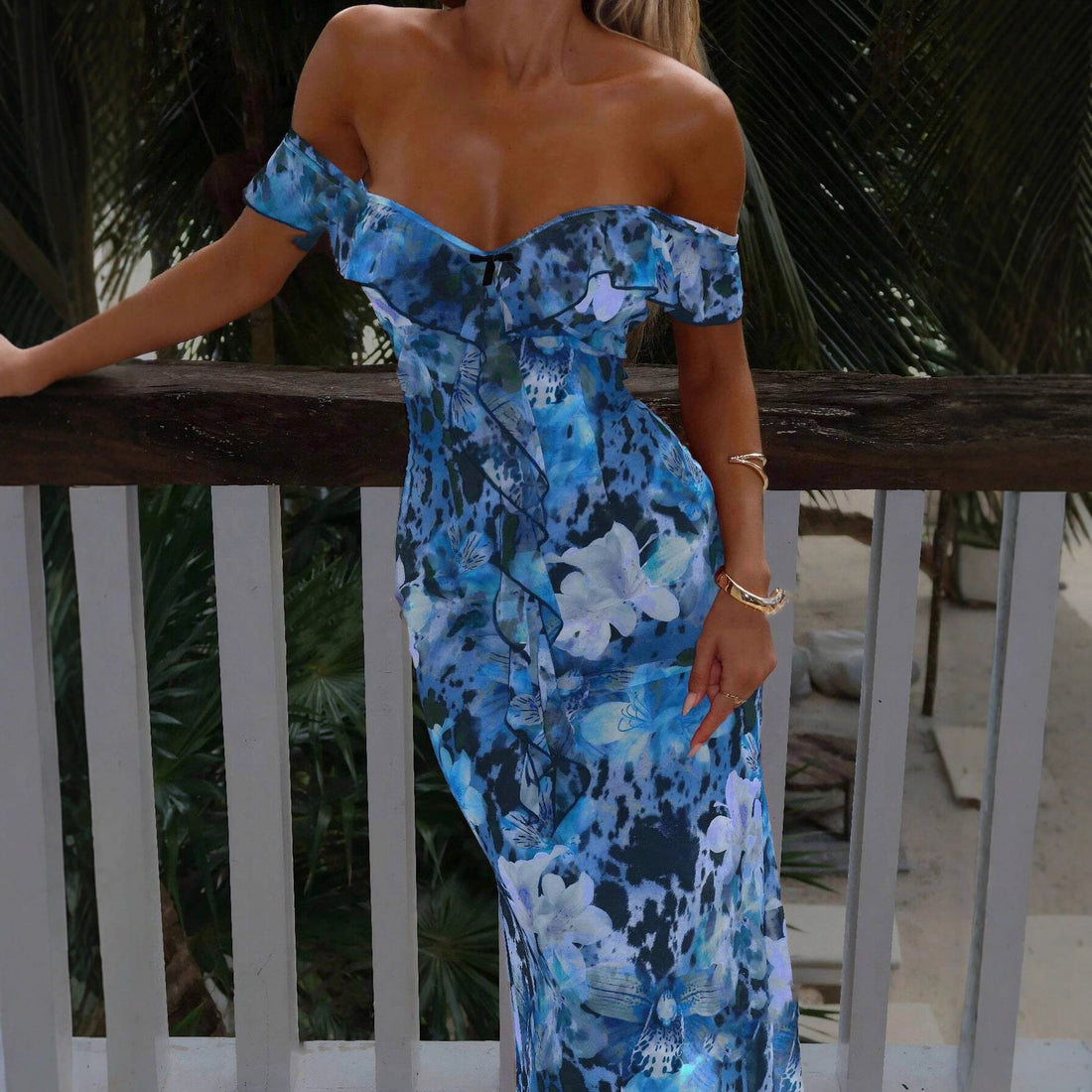 Women’s Off-Shoulder Floral Ruffle Maxi Dress - Lace Drop