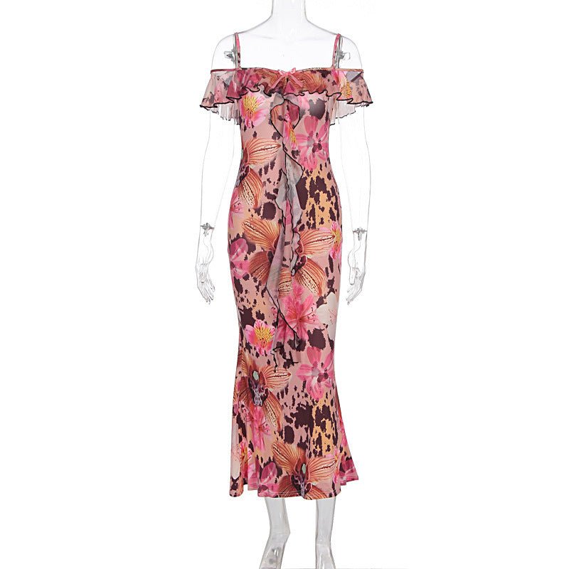 Women’s Off-Shoulder Floral Ruffle Maxi Dress - Lace Drop