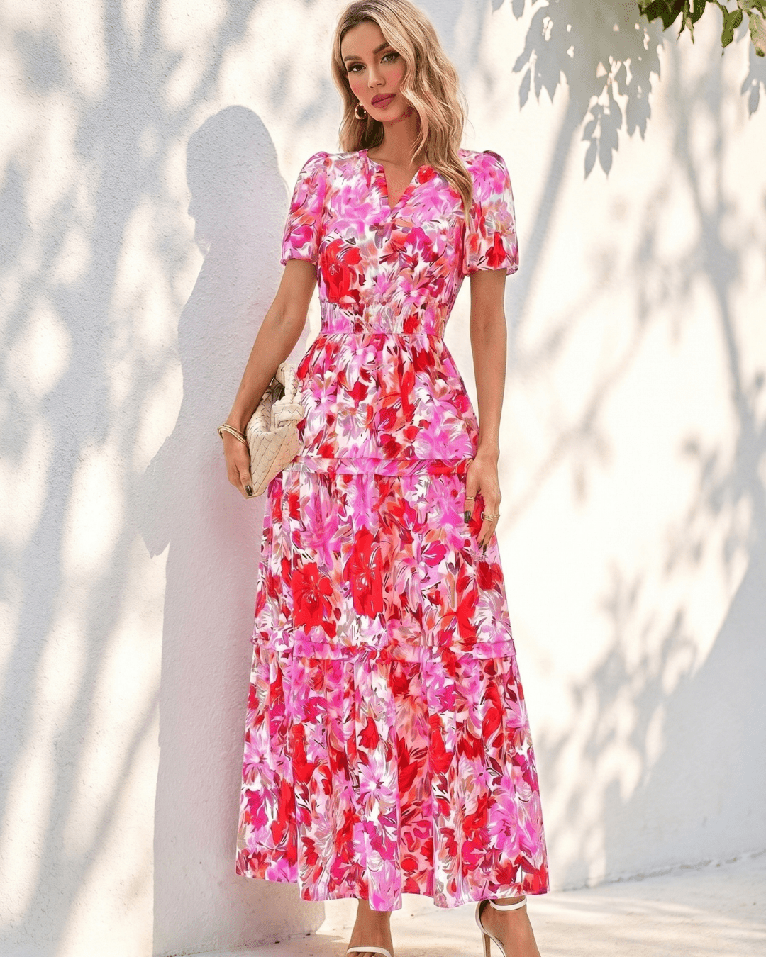 Women’s Retro Floral V-Neck Maxi Dress - Lace Drop