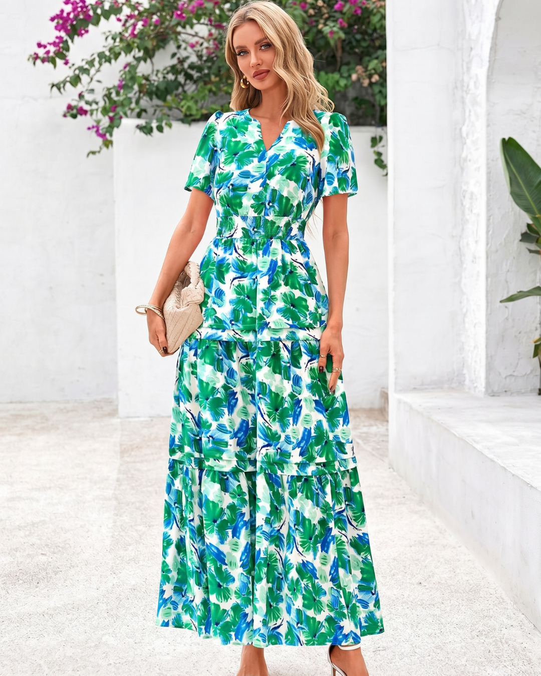 Women’s Retro Floral V-Neck Maxi Dress - Lace Drop