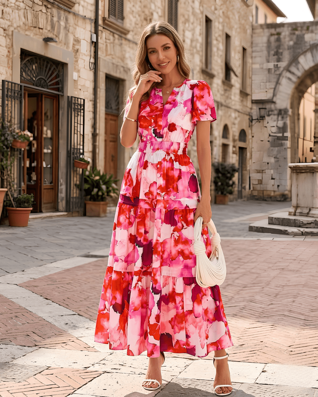 Women’s Retro Floral V-Neck Maxi Dress - Lace Drop
