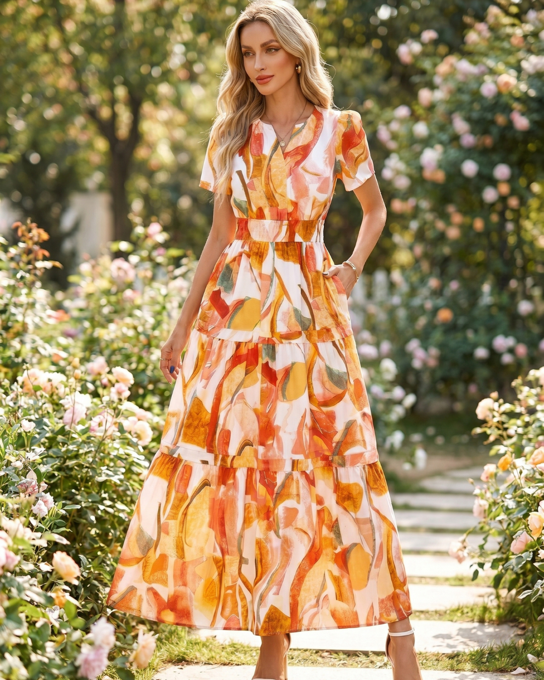 Women’s Retro Floral V-Neck Maxi Dress - Lace Drop