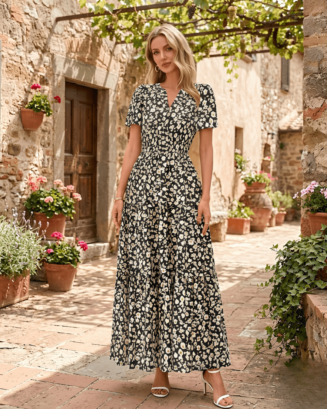 Women’s Retro Floral V-Neck Maxi Dress - Lace Drop