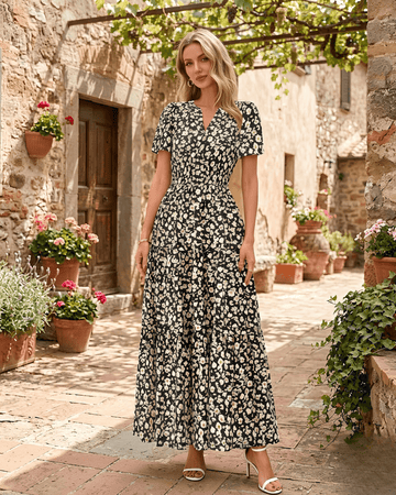 Women’s Retro Floral V-Neck Maxi Dress - Lace Drop