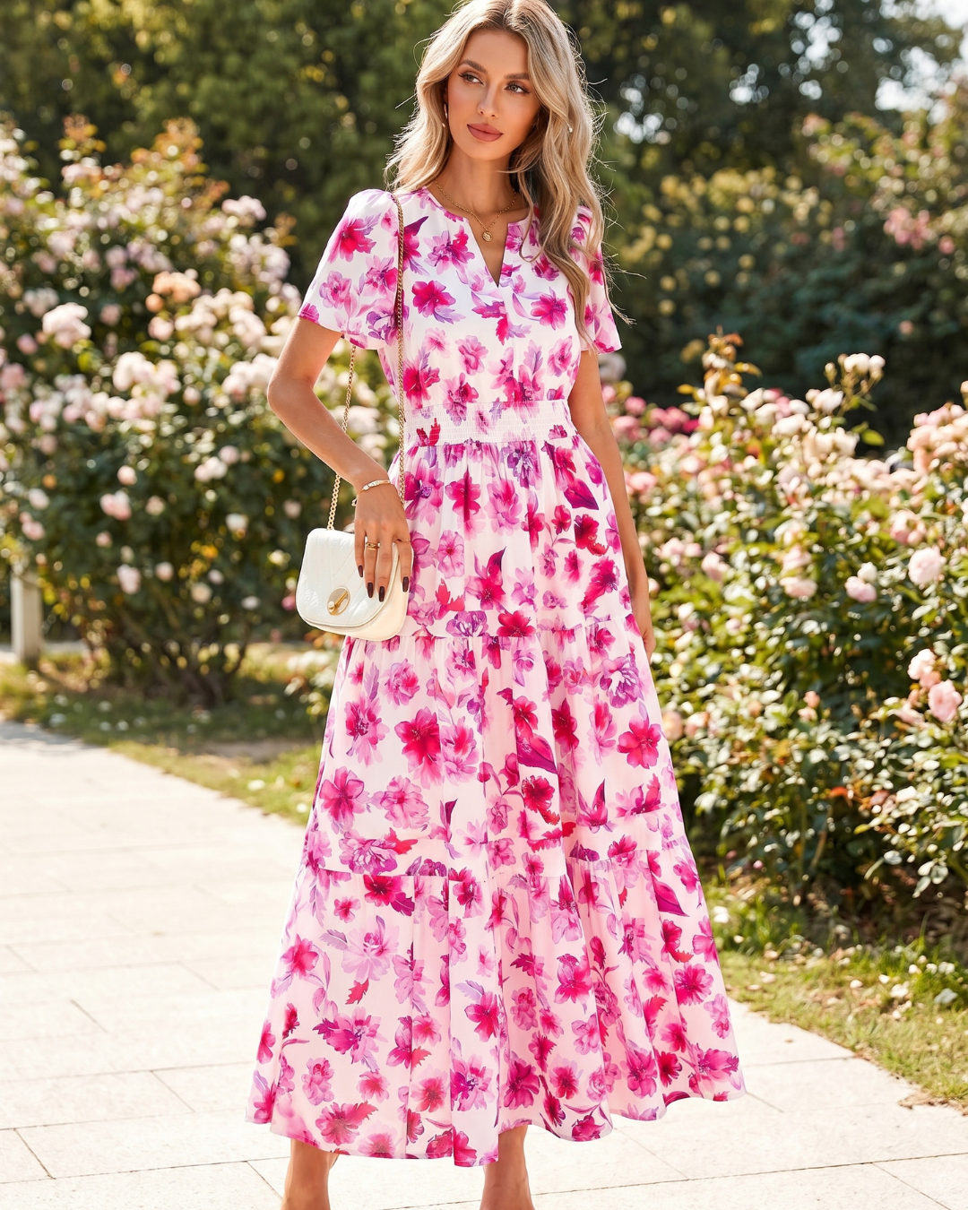 Women’s Retro Floral V-Neck Maxi Dress - Lace Drop