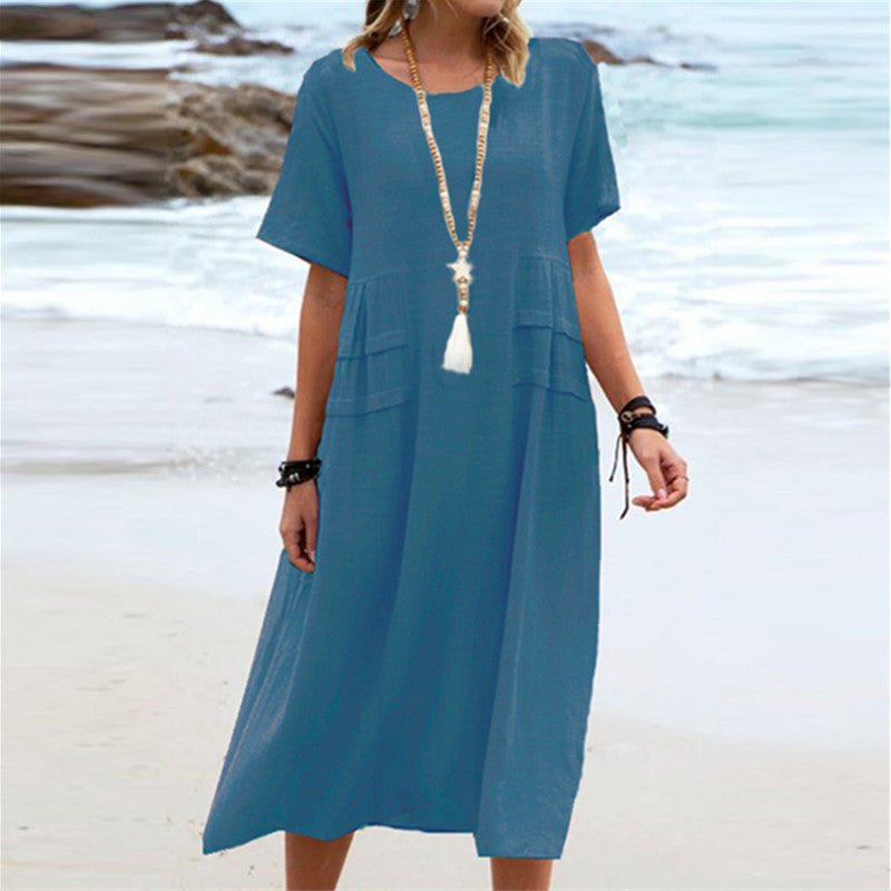 Women's Summer Loose Casual Midi Dress Breathable Cotton Linen Short - sleeve Mid - length Dresses Women Simple Beach Dress - Lace Drop