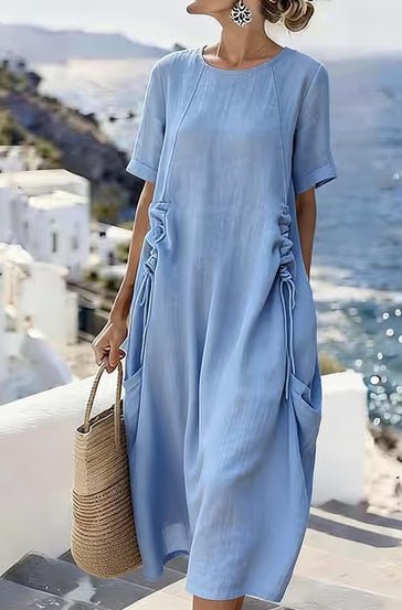 Women's Summer Loose Casual Midi Dress Breathable Cotton Linen Short - sleeve Mid - length Dresses Women Simple Beach Dress - Lace Drop