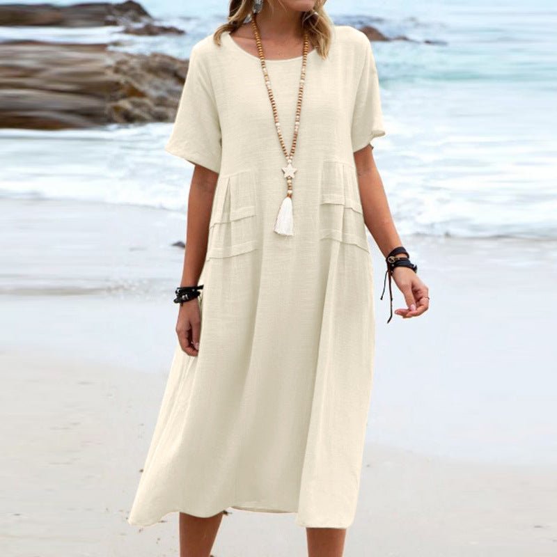 Women's Summer Loose Casual Midi Dress Breathable Cotton Linen Short - sleeve Mid - length Dresses Women Simple Beach Dress - Lace Drop