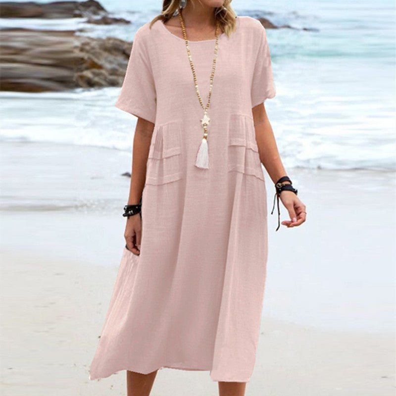 Women's Summer Loose Casual Midi Dress Breathable Cotton Linen Short - sleeve Mid - length Dresses Women Simple Beach Dress - Lace Drop
