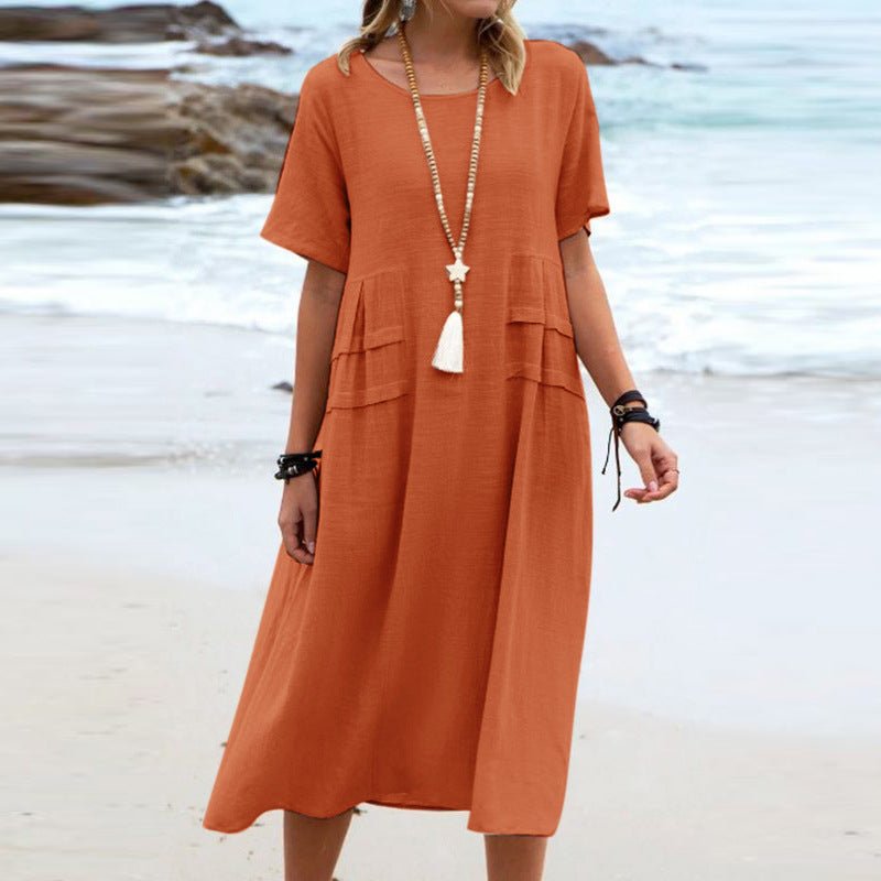 Women's Summer Loose Casual Midi Dress Breathable Cotton Linen Short - sleeve Mid - length Dresses Women Simple Beach Dress - Lace Drop