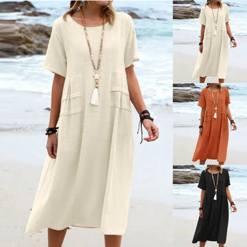 Women's Summer Loose Casual Midi Dress Breathable Cotton Linen Short - sleeve Mid - length Dresses Women Simple Beach Dress - Lace Drop