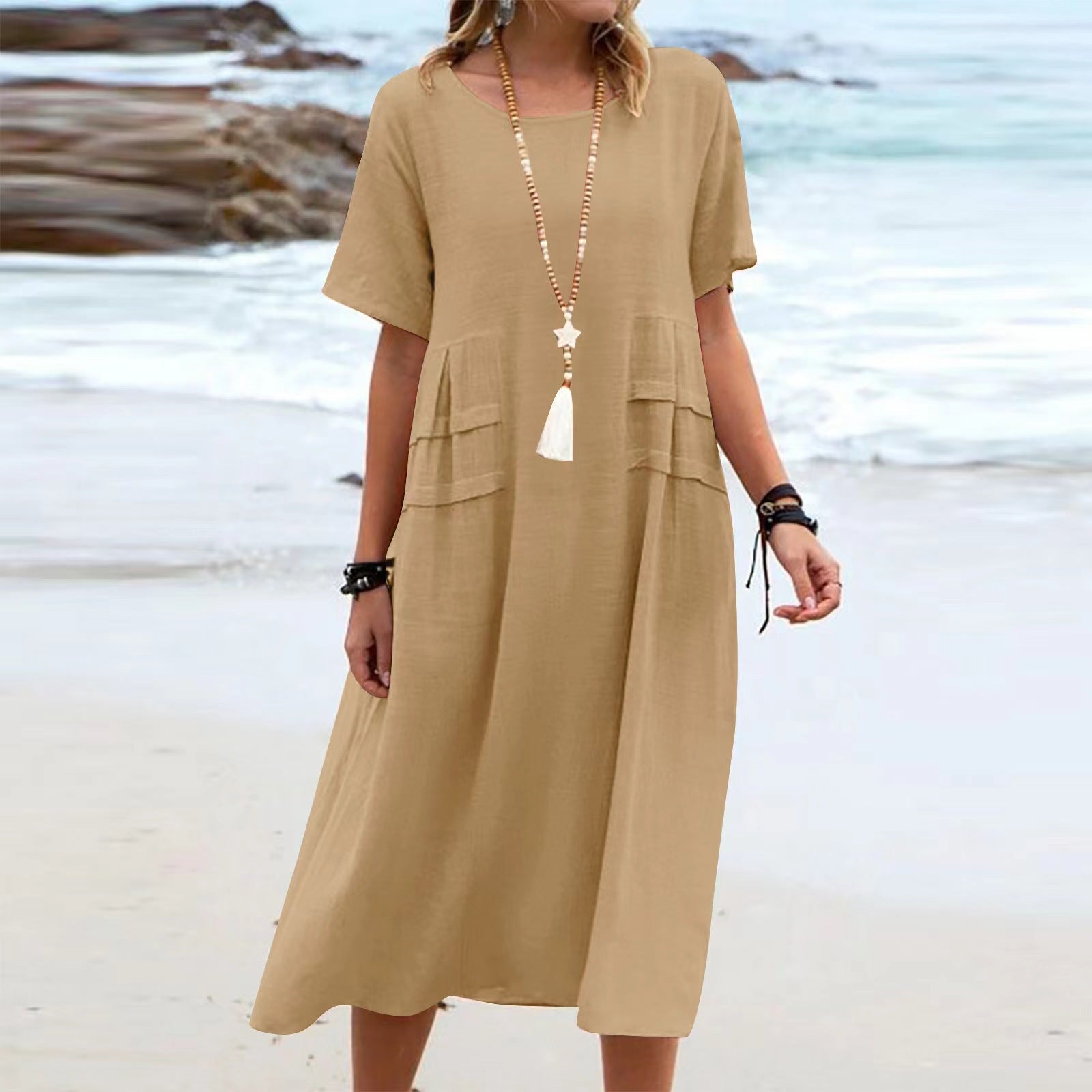 Women's Summer Loose Casual Midi Dress Breathable Cotton Linen Short - sleeve Mid - length Dresses Women Simple Beach Dress - Lace Drop