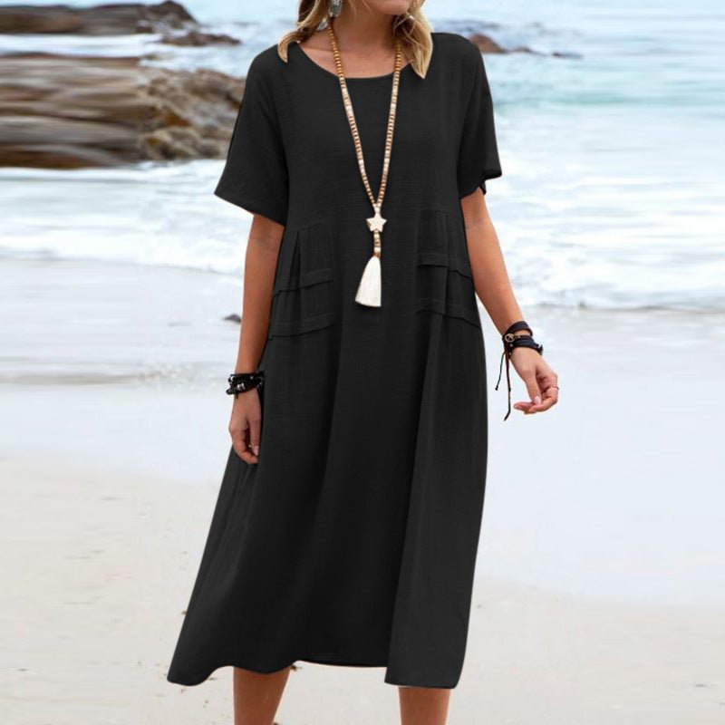 Women's Summer Loose Casual Midi Dress Breathable Cotton Linen Short - sleeve Mid - length Dresses Women Simple Beach Dress - Lace Drop