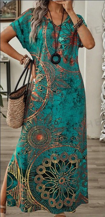 Women's Vintage Floral Print V - Neck Batwing Sleeve Casual Summer Dress Maxi Women Dresses Long Dress - Lace Drop