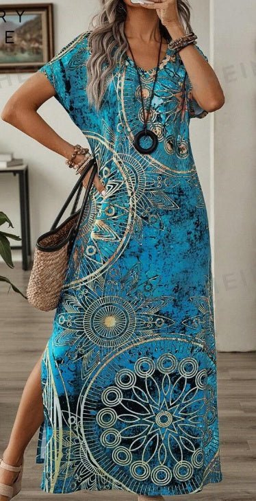 Women's Vintage Floral Print V - Neck Batwing Sleeve Casual Summer Dress Maxi Women Dresses Long Dress - Lace Drop