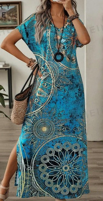 Women's Vintage Floral Print V - Neck Batwing Sleeve Casual Summer Dress Maxi Women Dresses Long Dress - Lace Drop